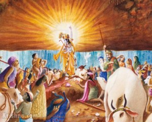 Krishna lifts Govardhan Hill
