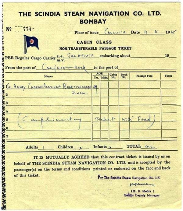 Srila Prabhupada’s Jaladuta Ticket